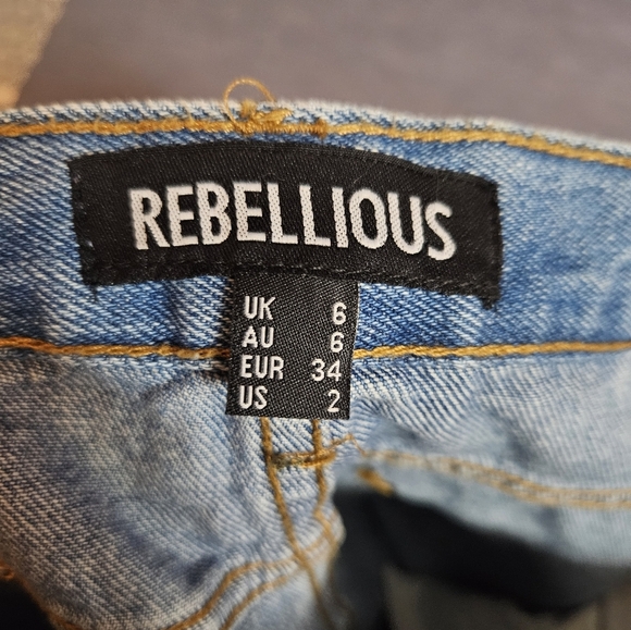 Rebellious Mid Wash Distressed Knee High-rise Extra Long Denim Blue Jeans Size 2 - Picture 5 of 9